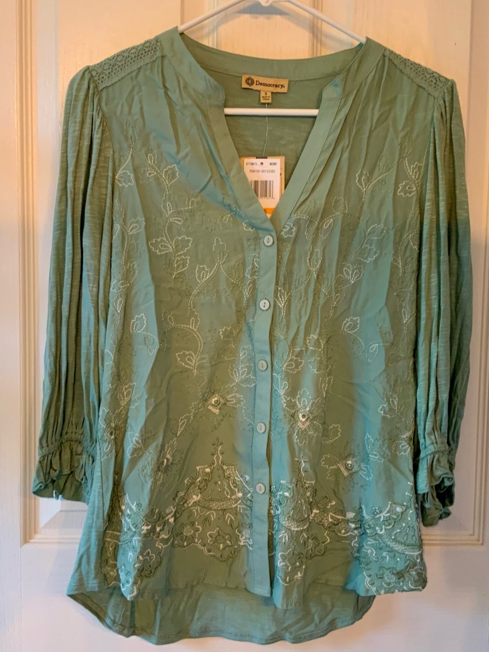Democracy Sage Green Embroidered V-Neck Button Front Blouse